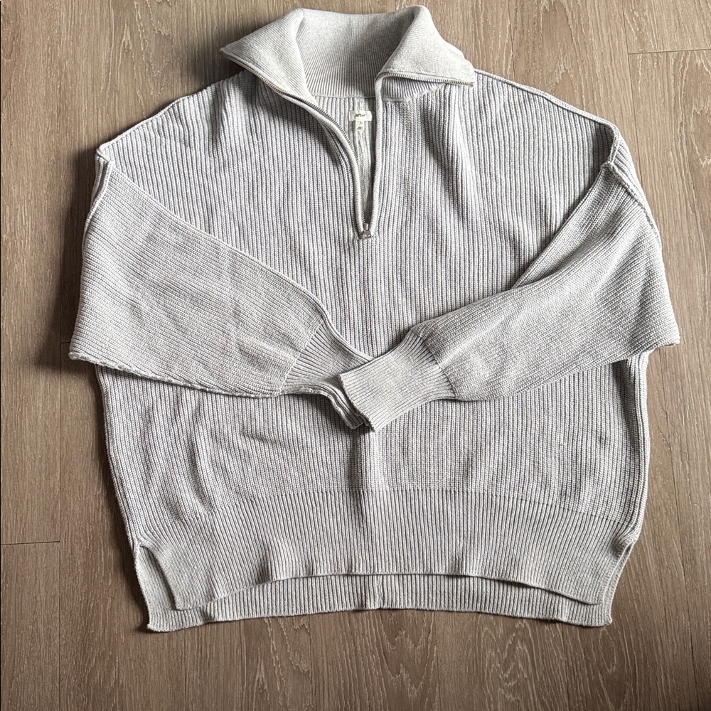 Aerie Light Gray Ribbed Zip-Up